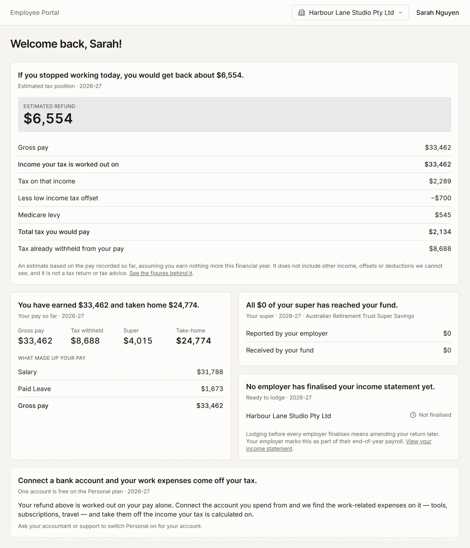 The employee dashboard showing the most recent pay, year-to-date earnings, super contributed, and leave available.