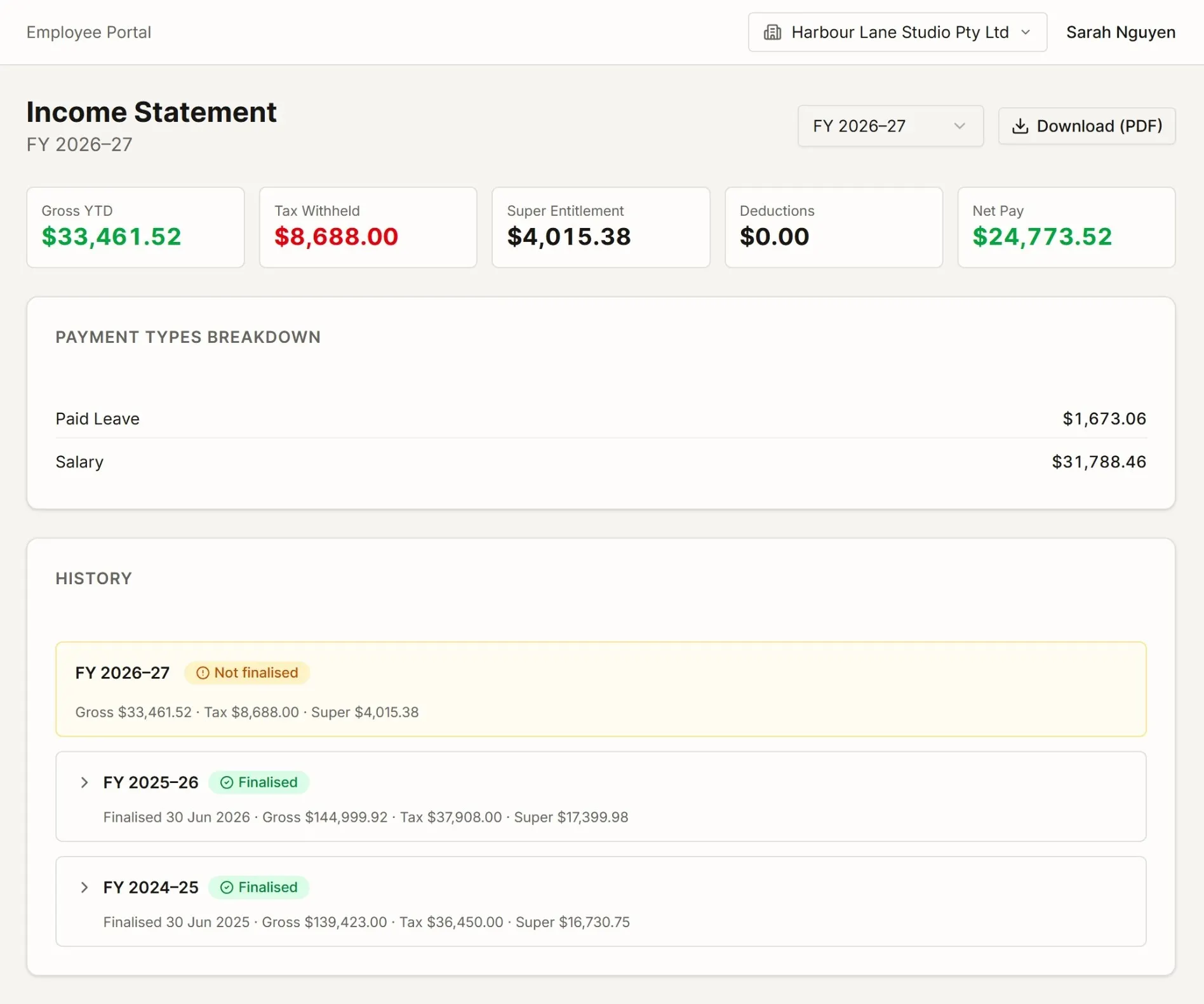 The income statement screen showing year-to-date gross income, tax withheld and reportable super, matching what has been reported to the ATO.