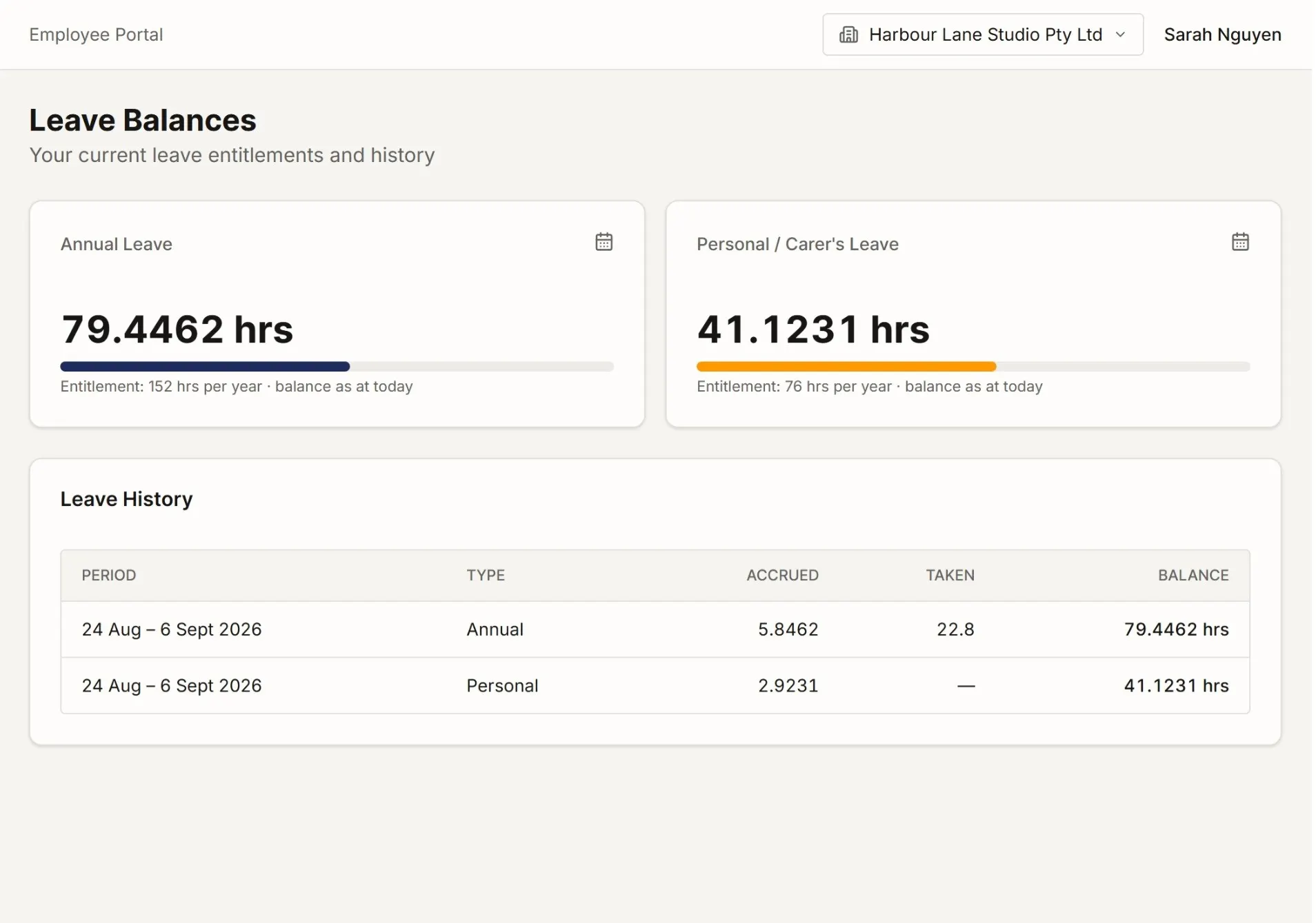 The leave screen showing annual leave and personal leave balances, with what has accrued and what has been taken.