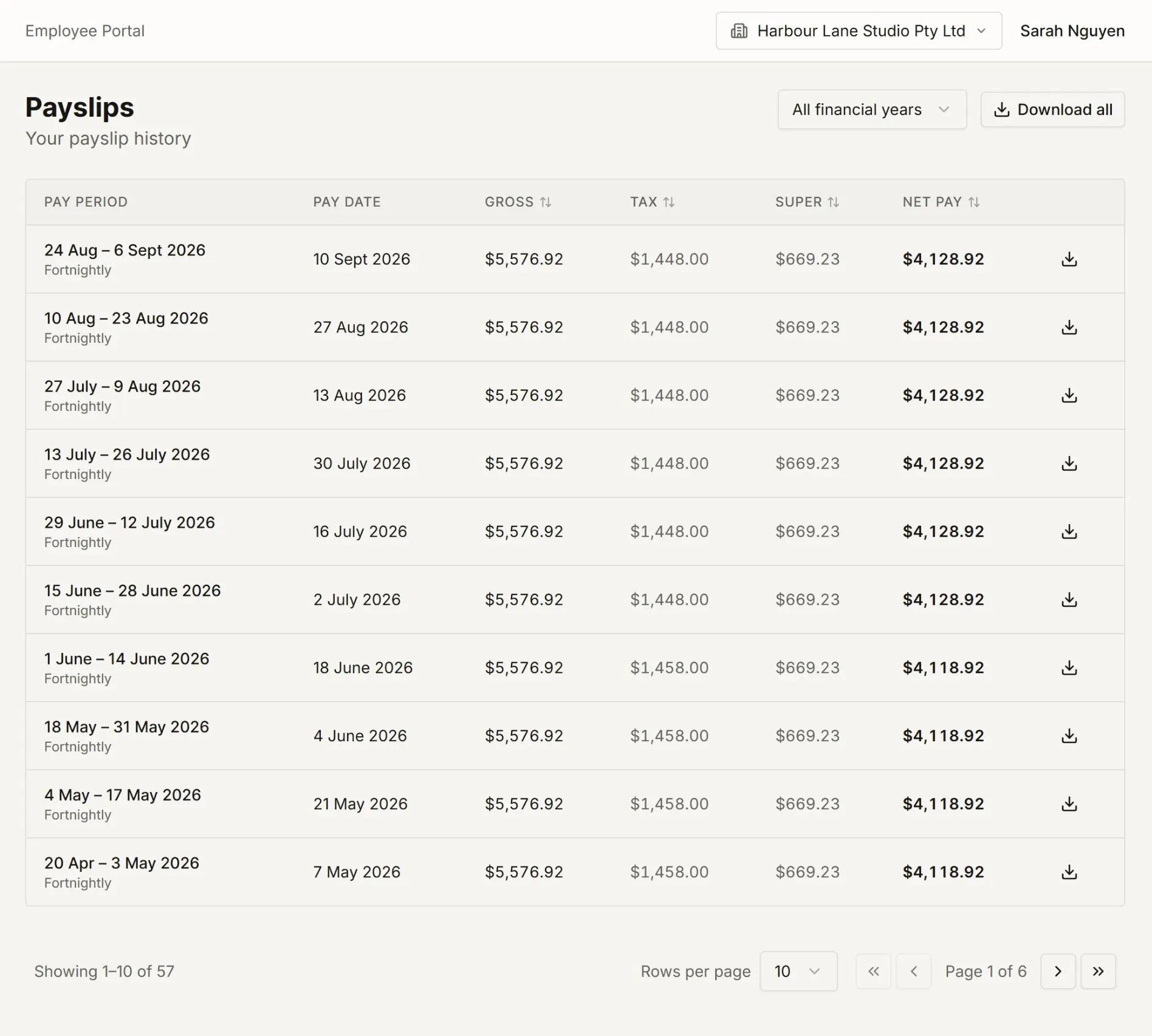 The payslips screen listing pay periods with gross pay, tax withheld, deductions and net pay, each one downloadable.