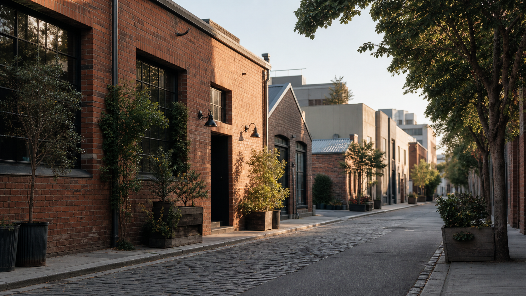 A quiet Richmond street scene with brick buildings and soft morning light.
