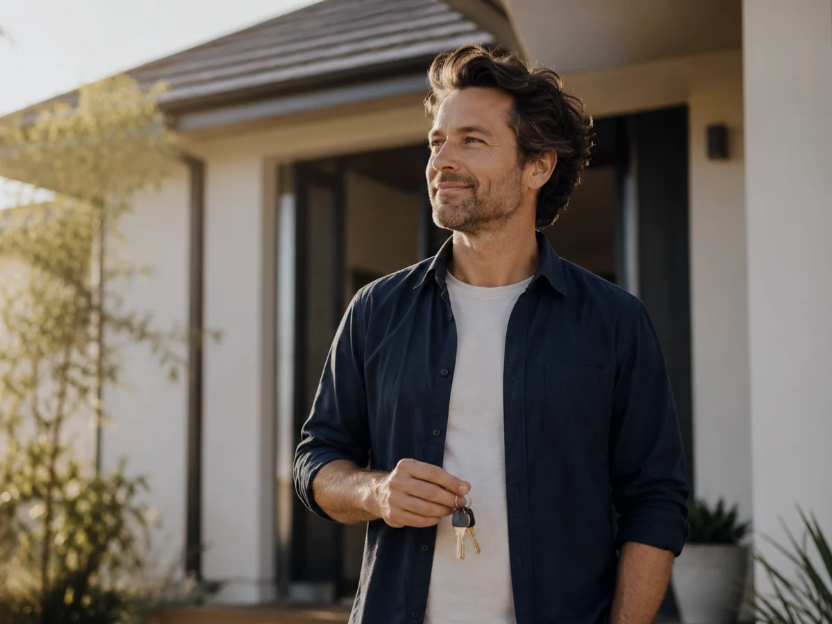 A homeowner holding keys outside his property at golden hour.