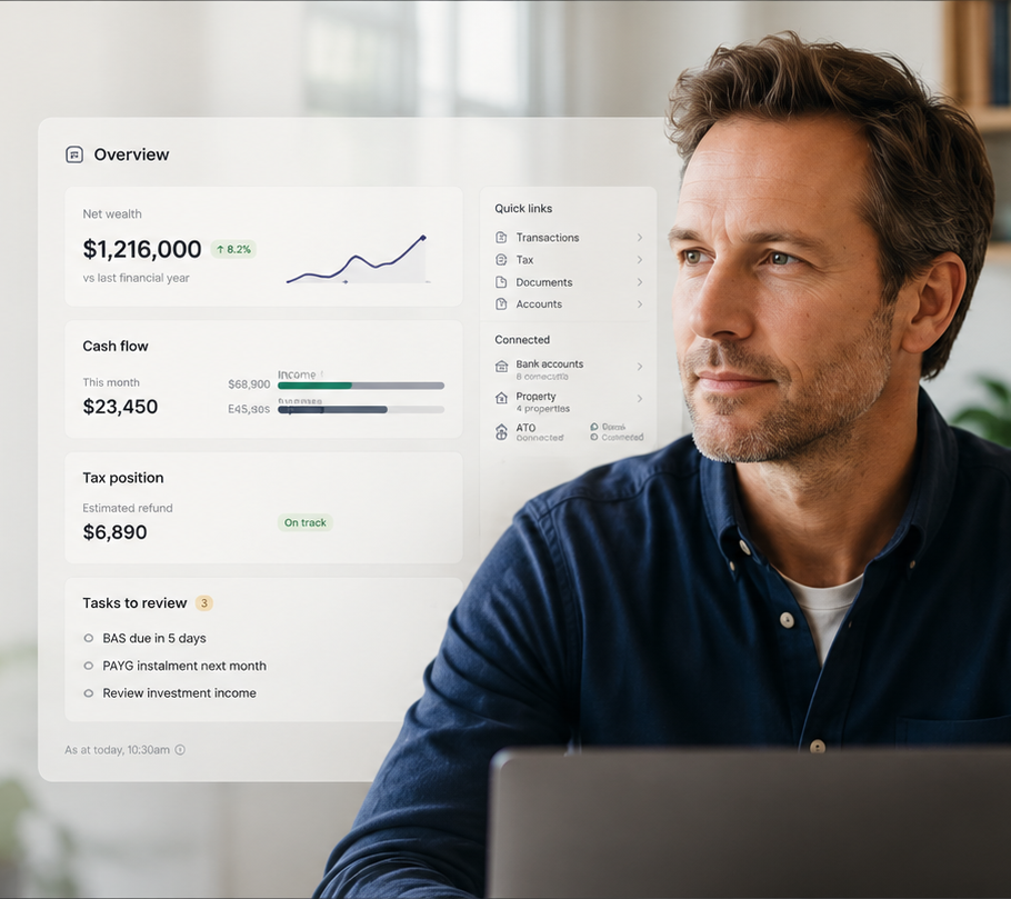 A business owner reviewing his myaccountant Overview: net wealth, cash flow, tax position and tasks to review, together in one place.